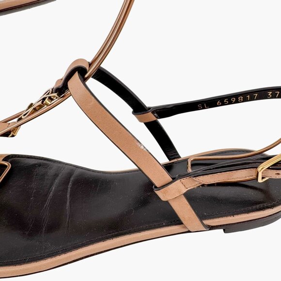Saint Laurent Cassandra YSL T-Strap Flat Sandals Tan Leather Size 37 US 7 Women - Picture 9 of 15